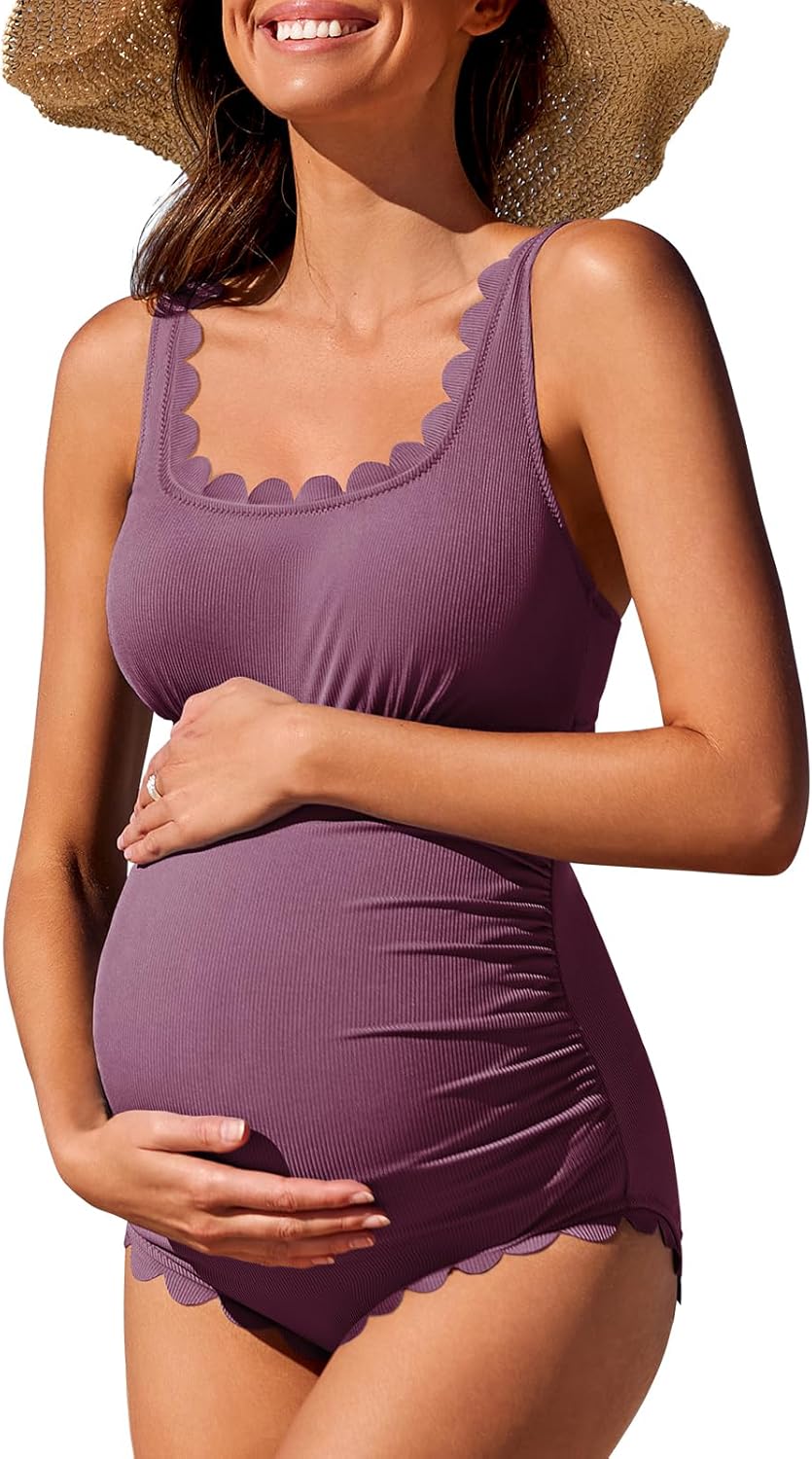 Ribbed Maternity One Piece Swimsuit with Scalloped Cut Out