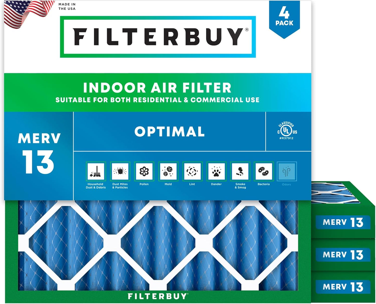 Filterbuy 25x25x2 Air Filter MERV 13 for Smoke & Allergy Defense