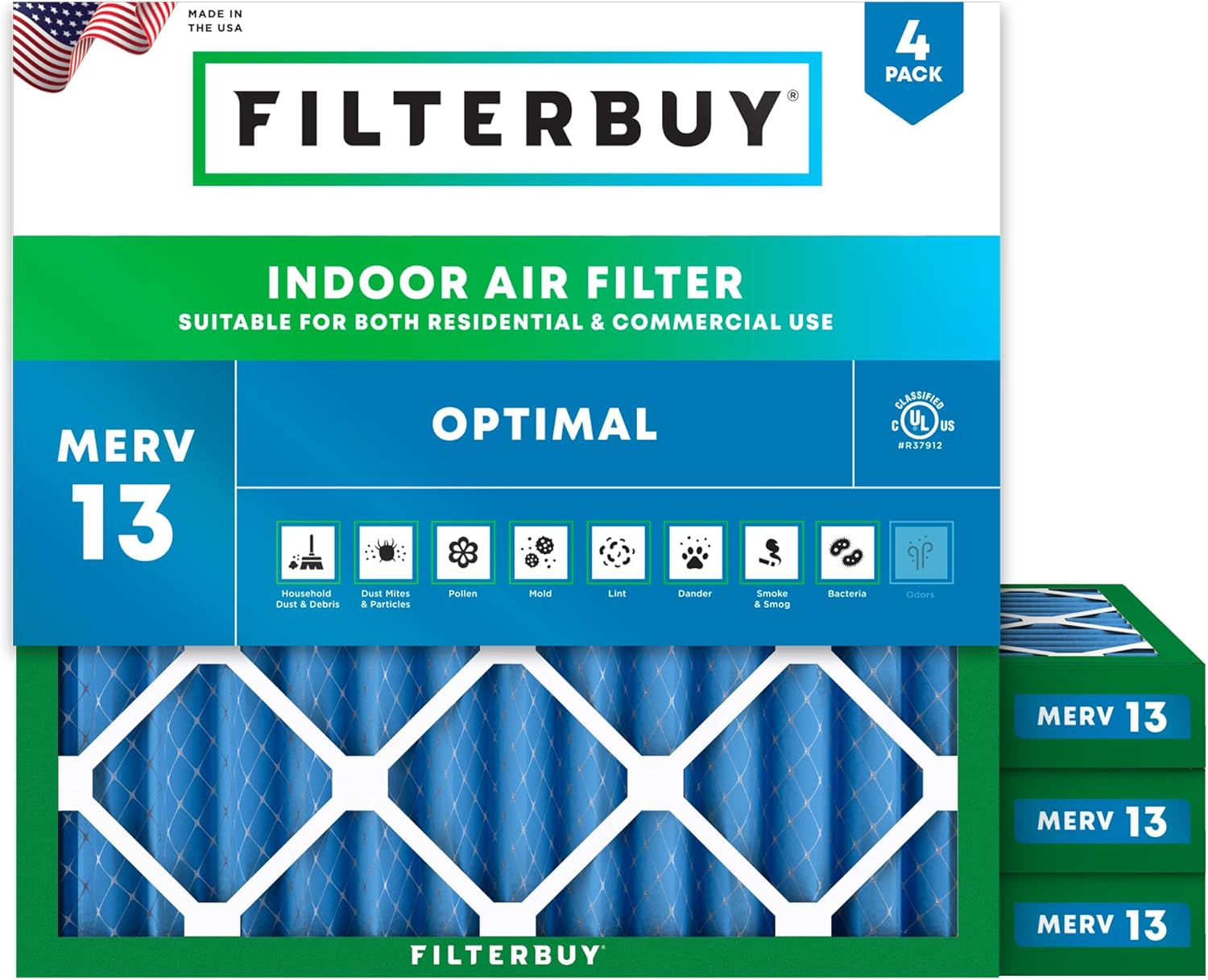 Filterbuy 10x10x2 Air Filter MERV 13 for Smoke & Allergy Defense
