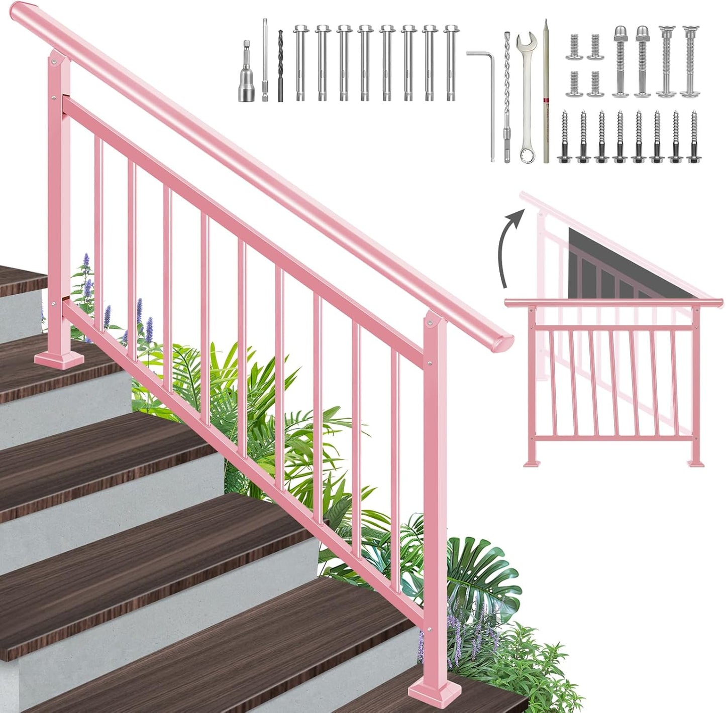 Adjustable Handrails for Outdoor Steps - Pink Metal Stair Railing