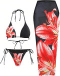 ZAFUL Womens 3pcs Floral Halter Triangle Bikini Set - With Sheer Cover