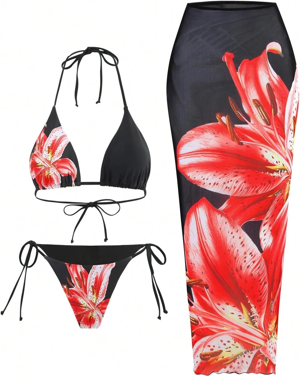 ZAFUL Womens 3pcs Swimsuit Floral Halter Bikini Set for Summer