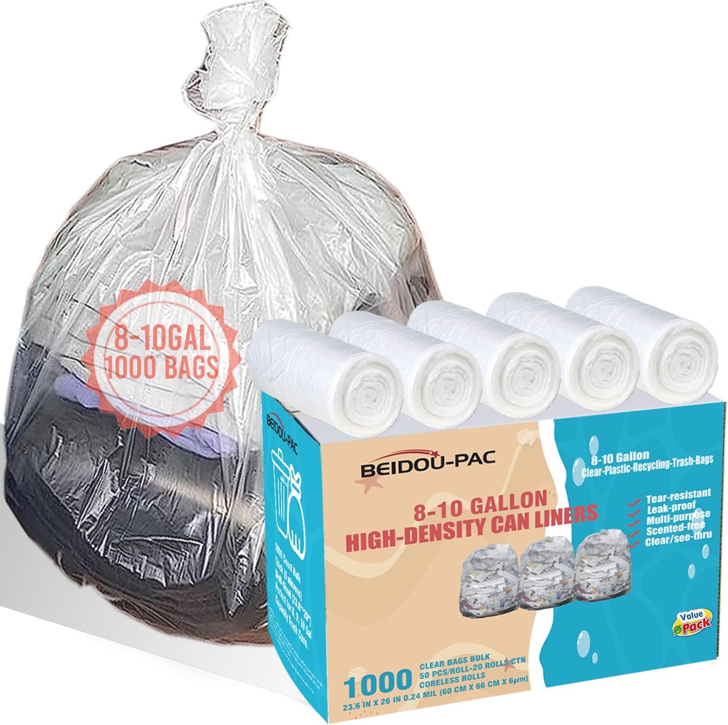 BEIDOU-PAC 8-10 Gallon Clear Plastic Recycling Bags