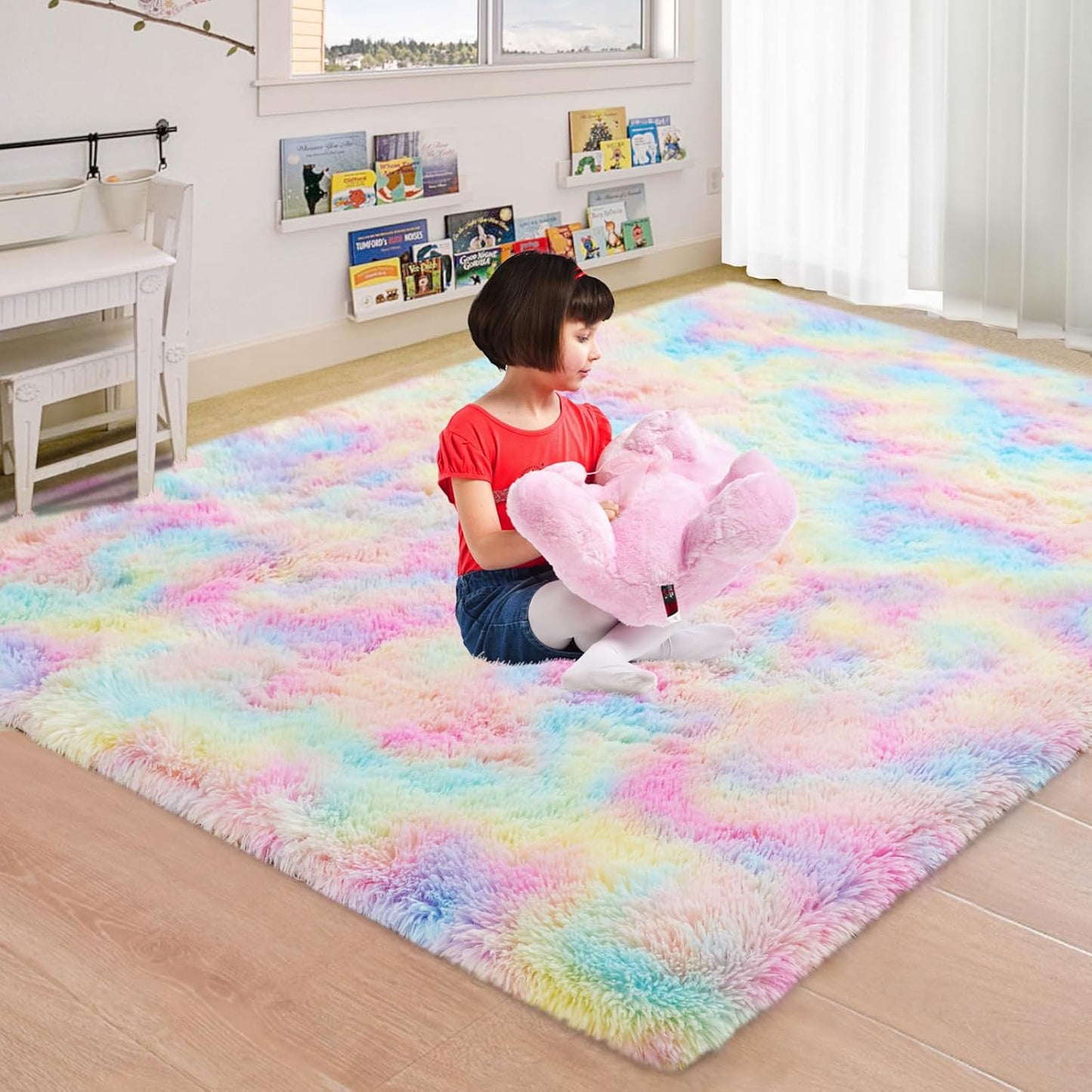 Rainbow Rug for Girls Bedroom: Fluffy Plush Carpet for Kids