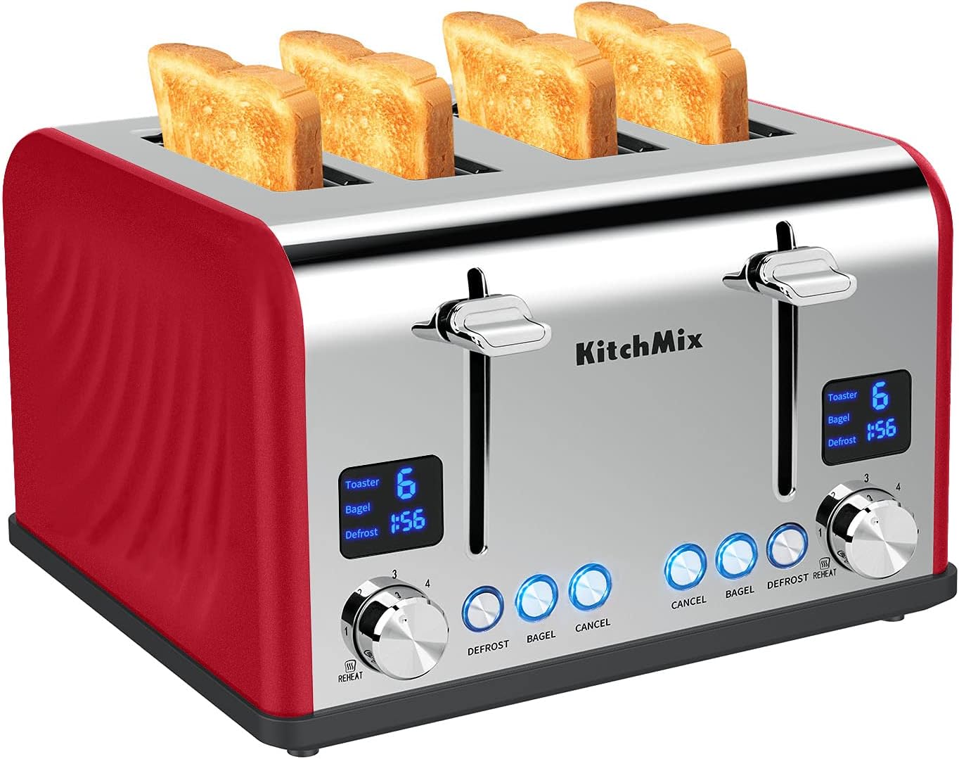 KitchMix 4 Slice Stainless Toaster with LCD Timer and Dual Controls