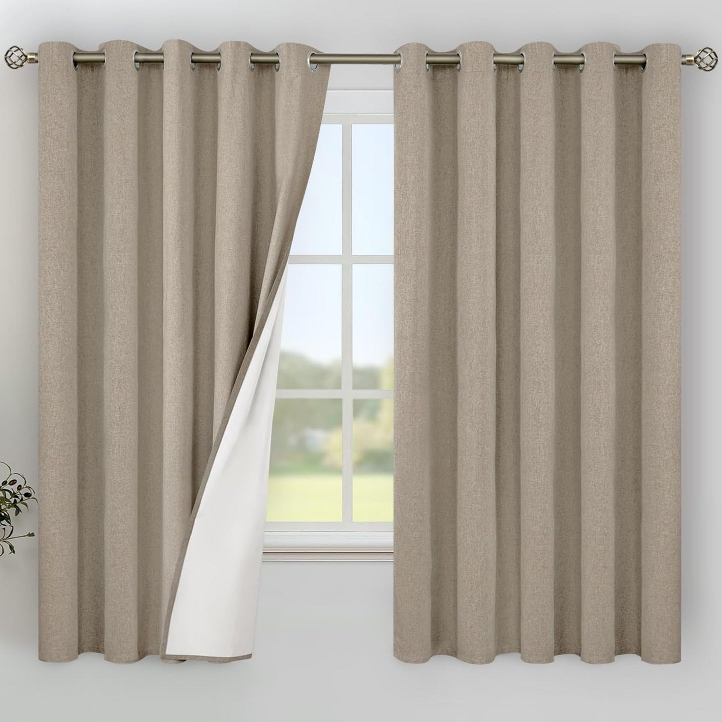 YoungsTex Taupe Linen Blackout Curtains for 63 Inch Length