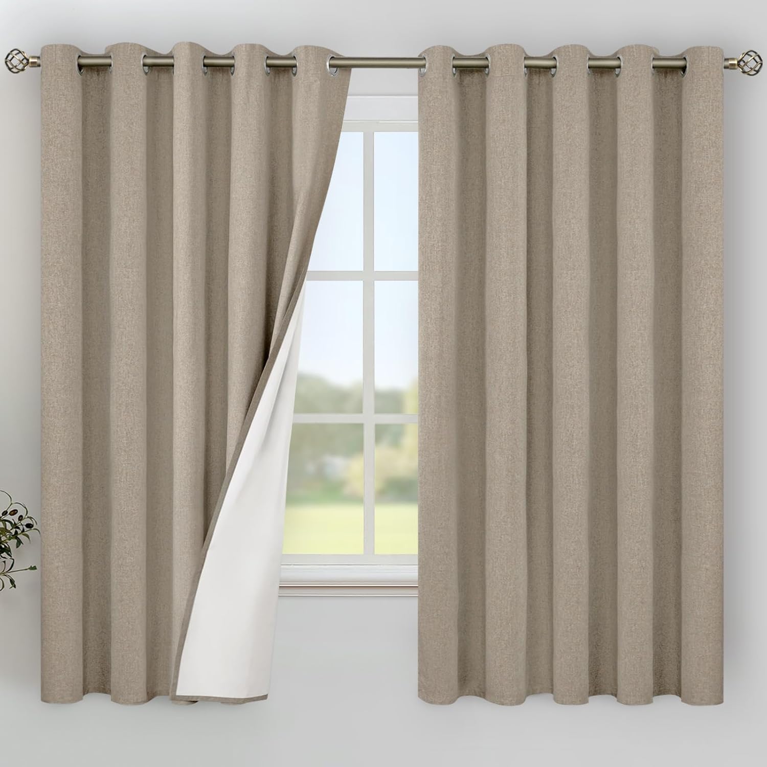 YoungsTex Taupe Linen Blackout Curtains for 63 Inch Length
