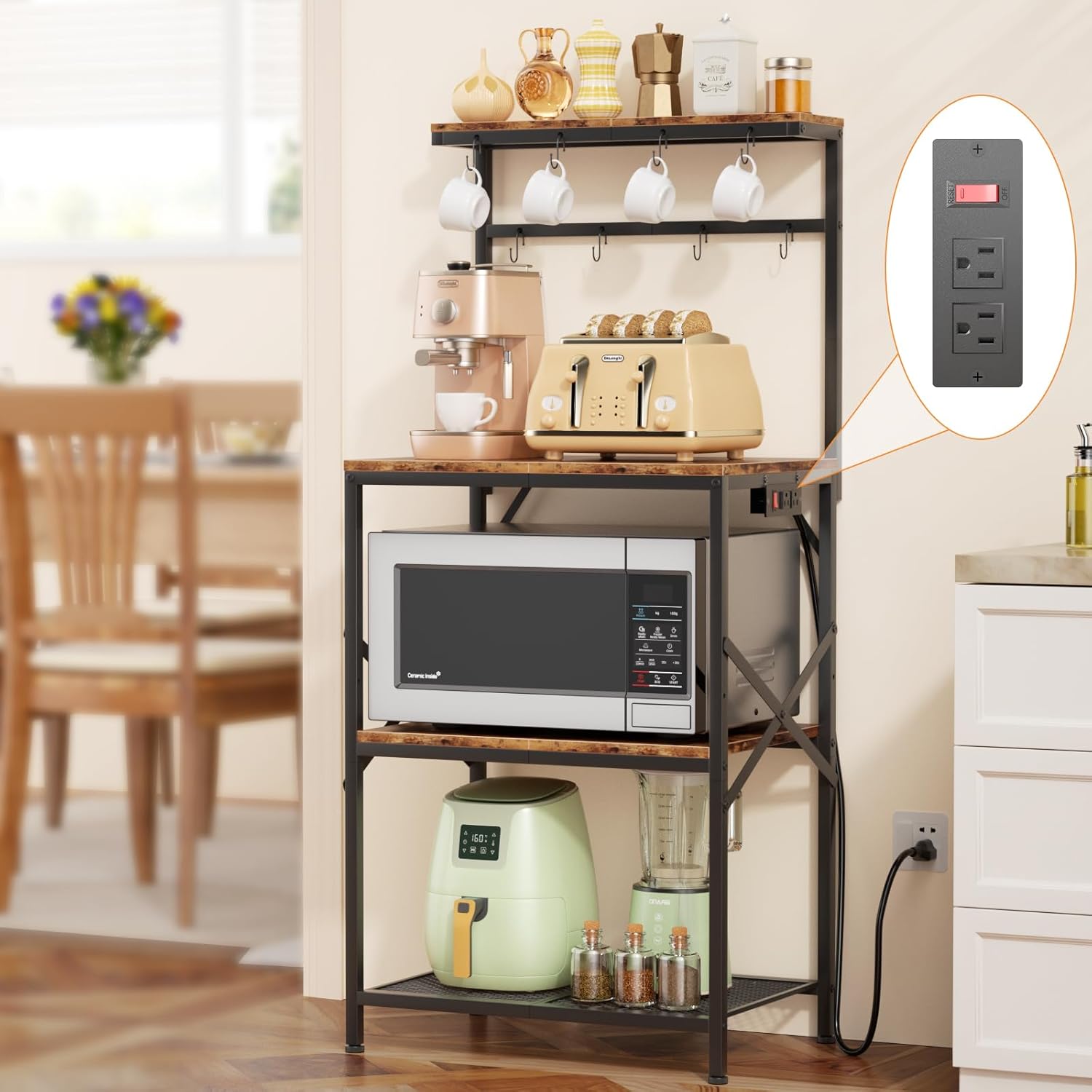 Kitchen Bakers Rack with Power Outlet and Adjustable Shelf