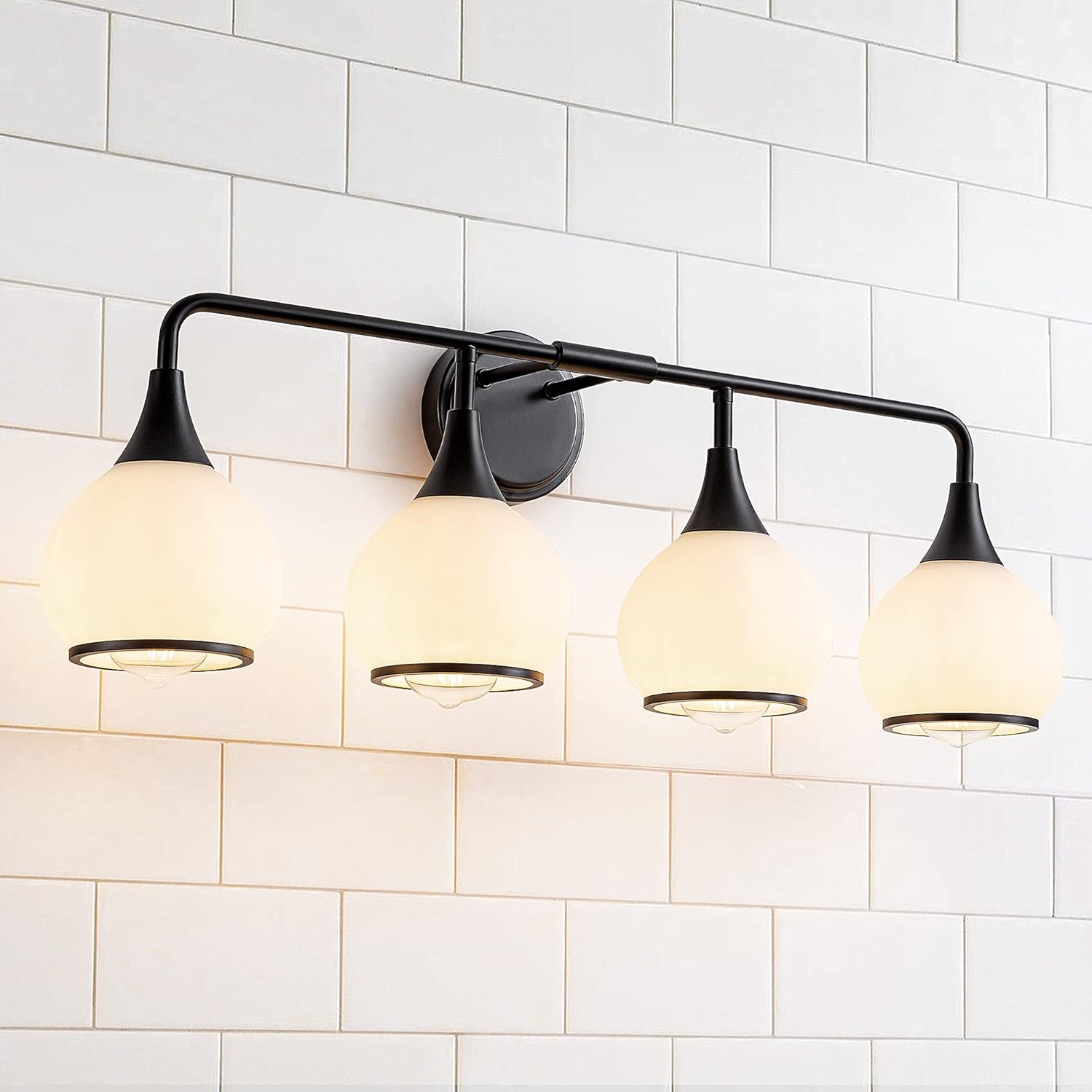 Black Bathroom Light Fixtures with Milky White Frosted Glass Shade