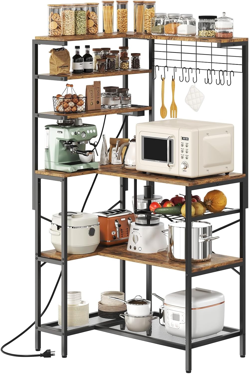 Rustic L-Shaped Baker's Rack with Power Outlet
