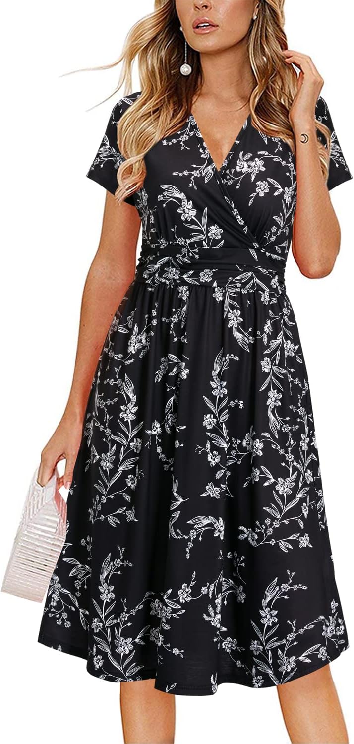OUGES Women's Summer Short Sleeve V-Neck Floral Dress with Pockets