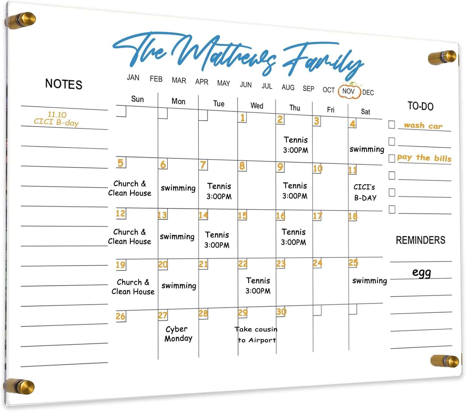 Clear Acrylic Calendar Dry Erase for Wall - Family Planner