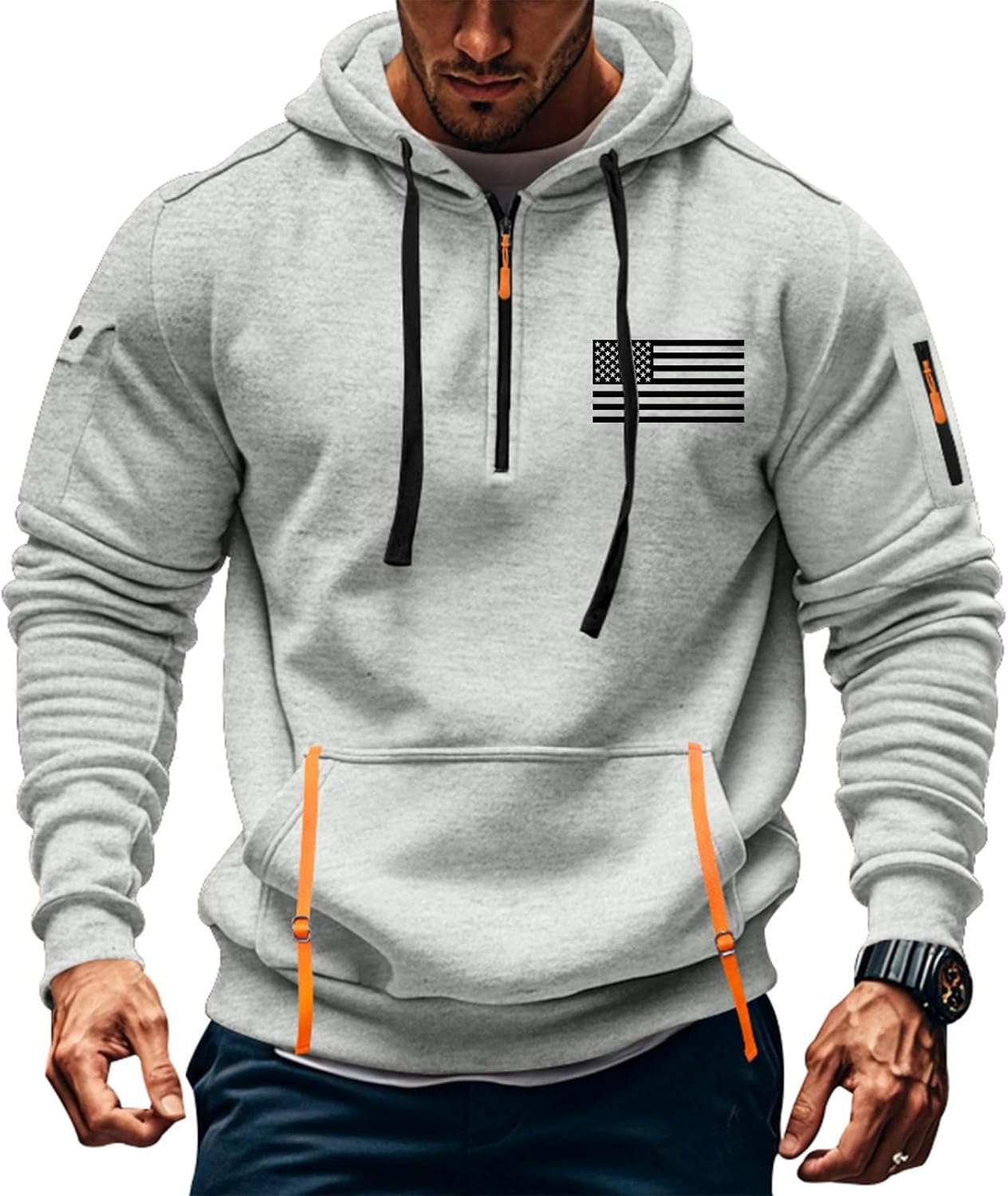 Vintage Quarter Zip Hoodie with Pockets - Military Style
