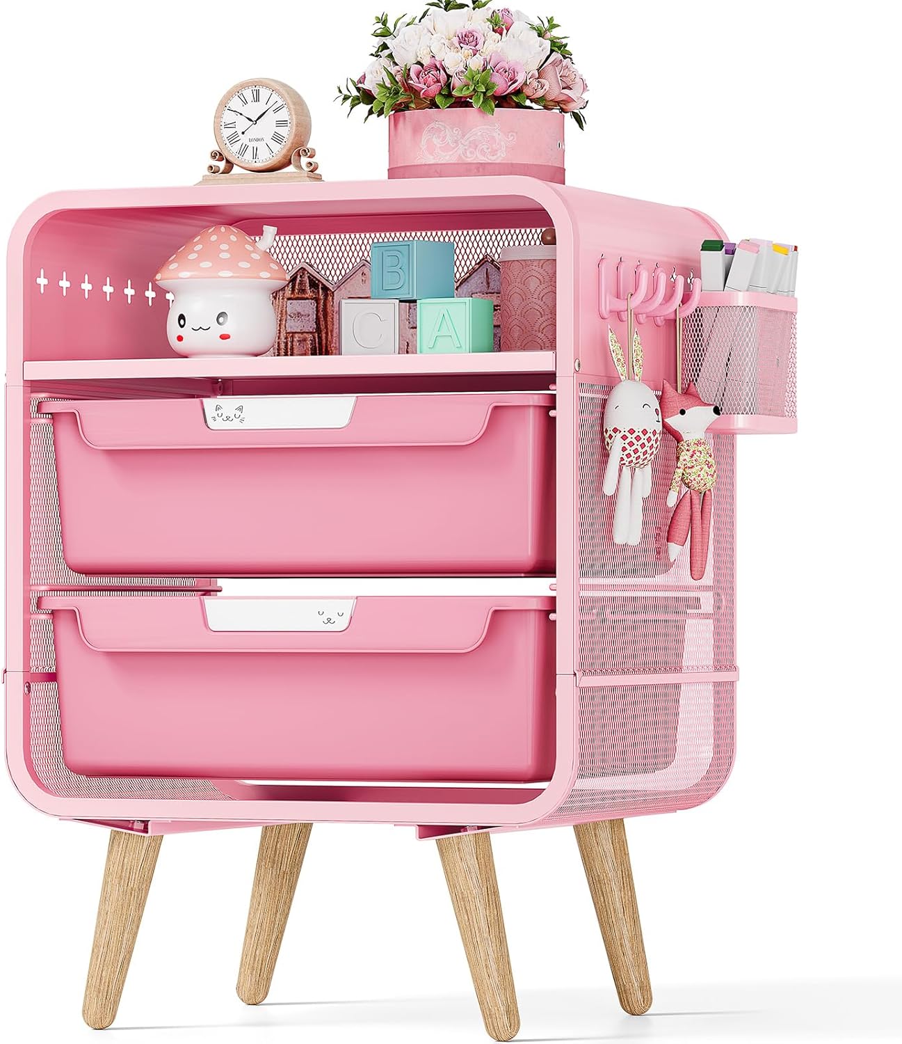 Pink Nightstand with Storage Drawer for Kids Bedroom Furniture