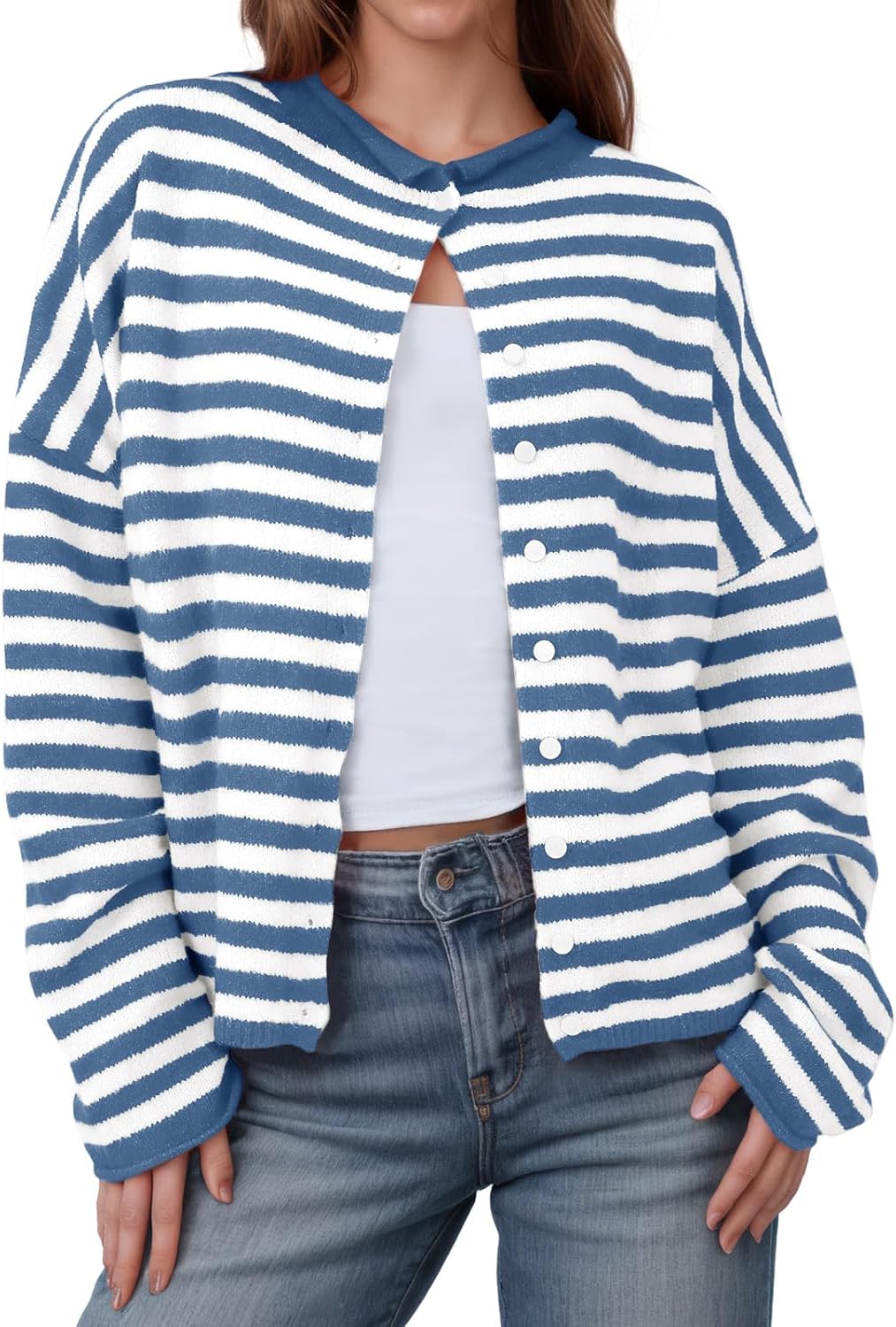 Saodimallsu Womens Striped Cardigan Lightweight Fall Sweater