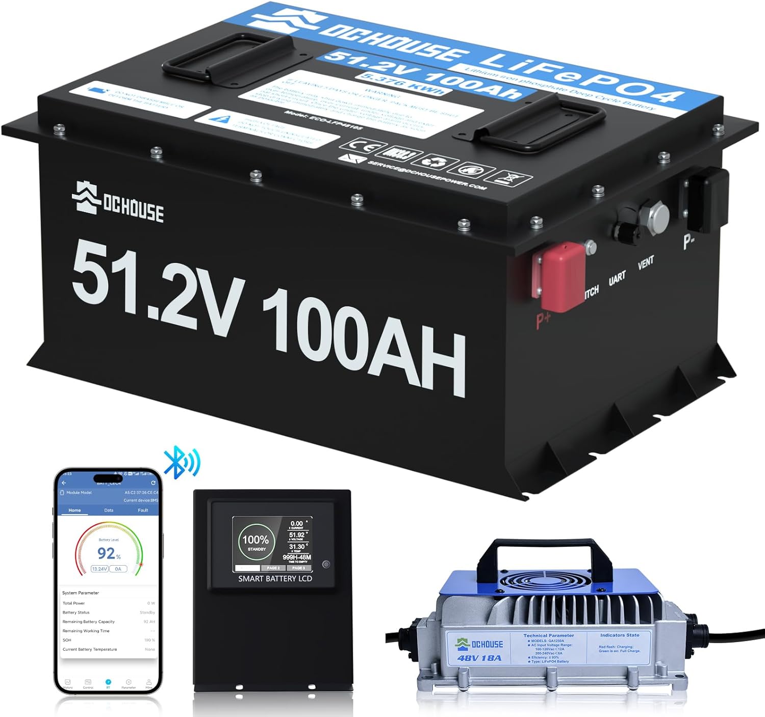 48V 100Ah Lithium Golf Cart Battery - Smart BMS, Fast Charging