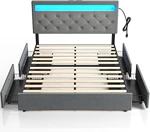 Rolanstar Full Size Bed Frame with LED Lights and Storage Drawers