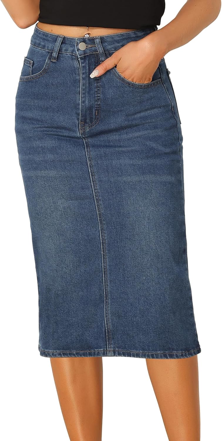 High Waist Denim Skirt for Women with Pockets and Split Back