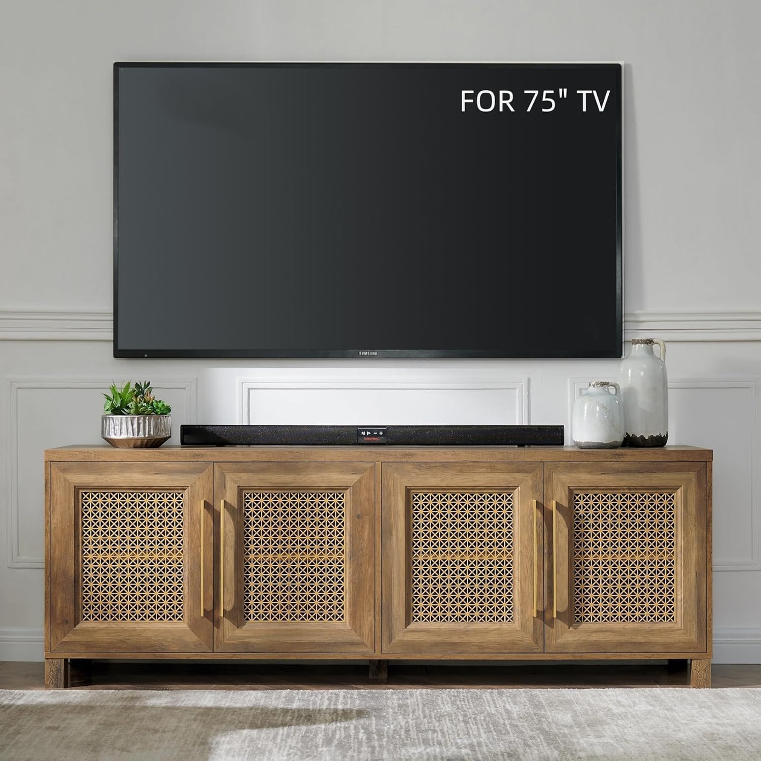 Boho Rustic TV Stand with Gold Doors, 75 TV,  Storage, 69.5x15.6x24.8