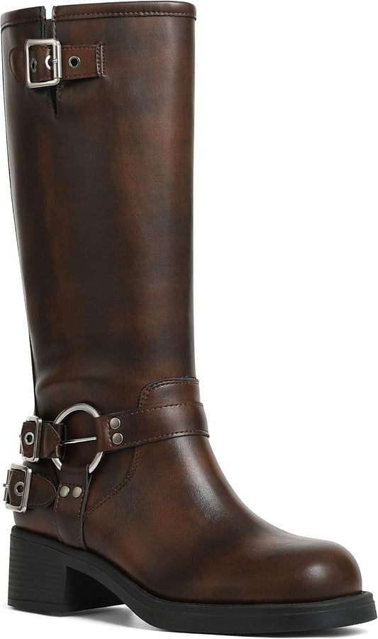 Knee High Boots Women Square Toe Pull On Wide Calf Fashion