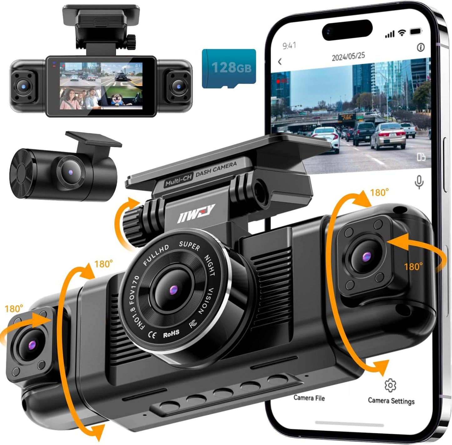 IIWEY N5 360 Dash Cam: 1080P Front + Rear, Night Vision