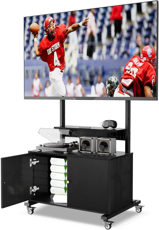 Mobile TV Stand + Storage: Height Adjustable, 32-75in Screen