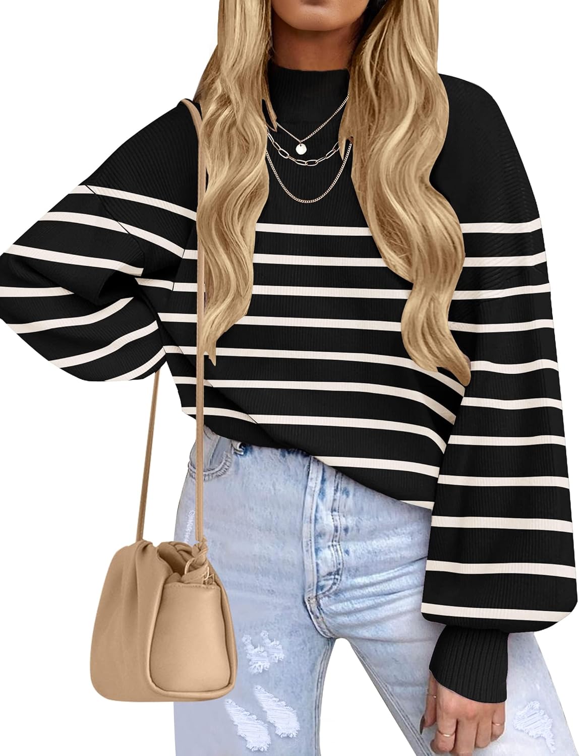 Stylish Turtleneck Long Sleeve Striped Pullover Sweater Tops