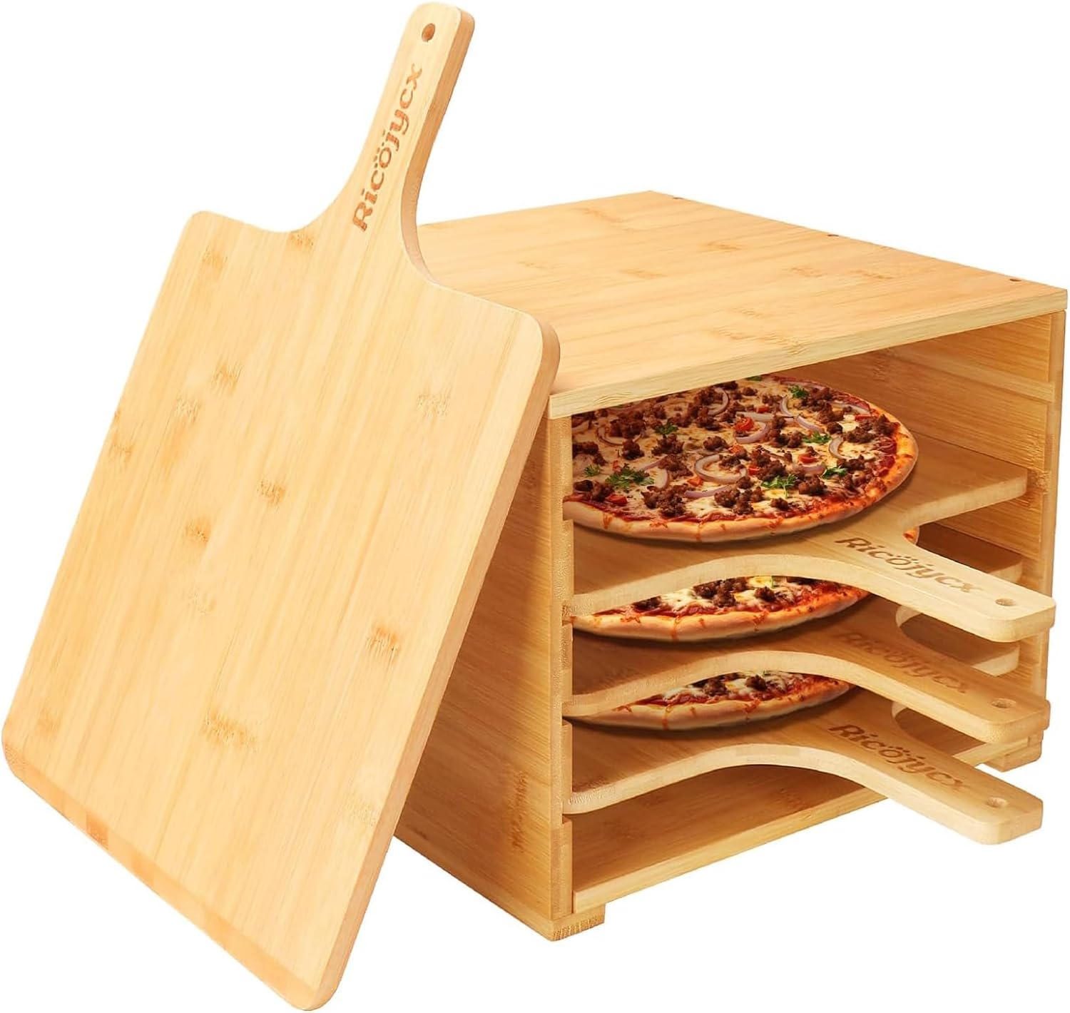 Multilayer Bamboo Pizza Peel Rack with 4 Non-Stick Boards