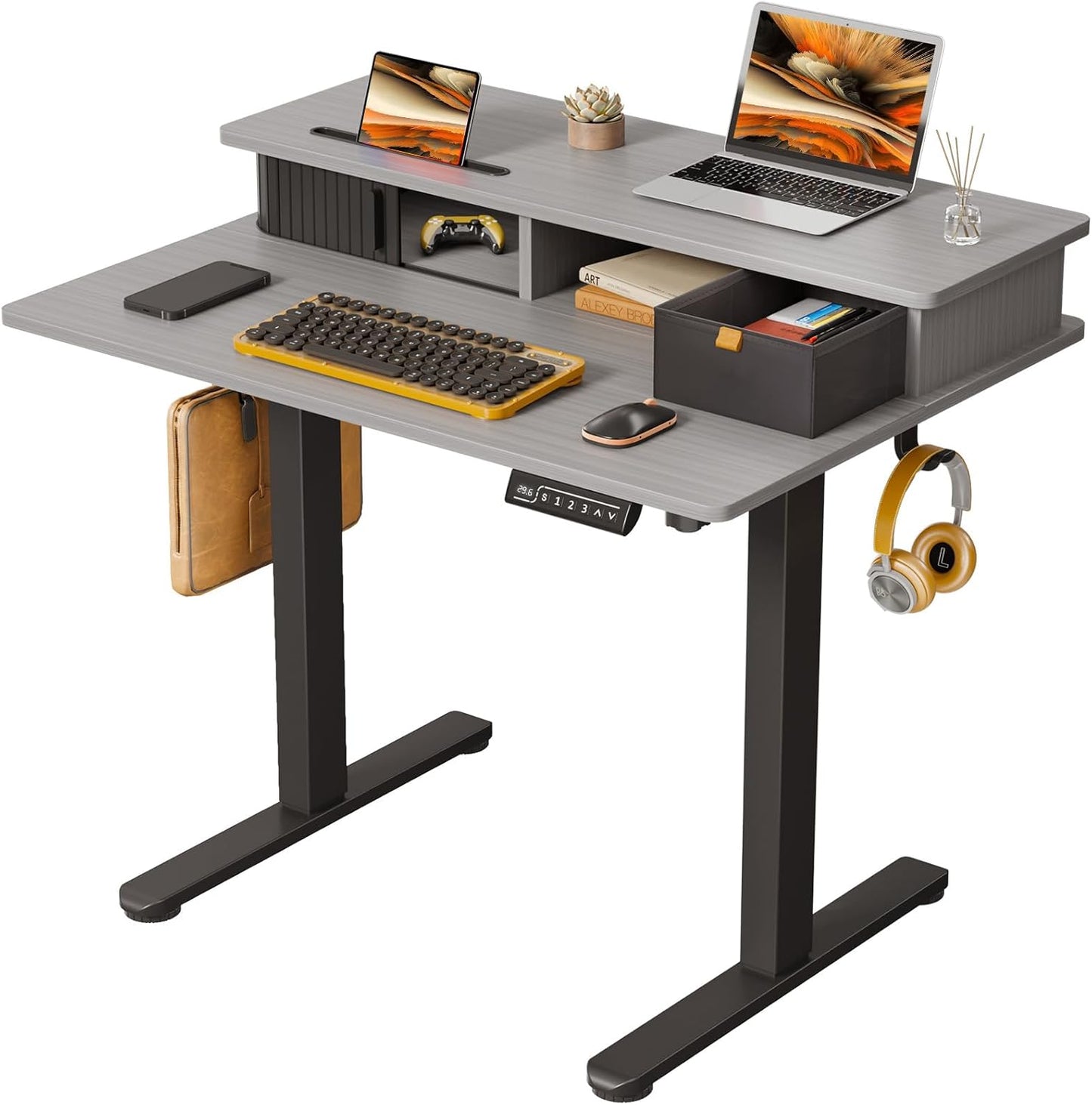 Height Adjustable Small Electric Standing Desk for Home Office, Grey, 35x25, Built-in Monitor Stand
