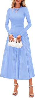 Fall Dresses for Women 2025 Long Sleeve Pleated Midi Sweater Dress