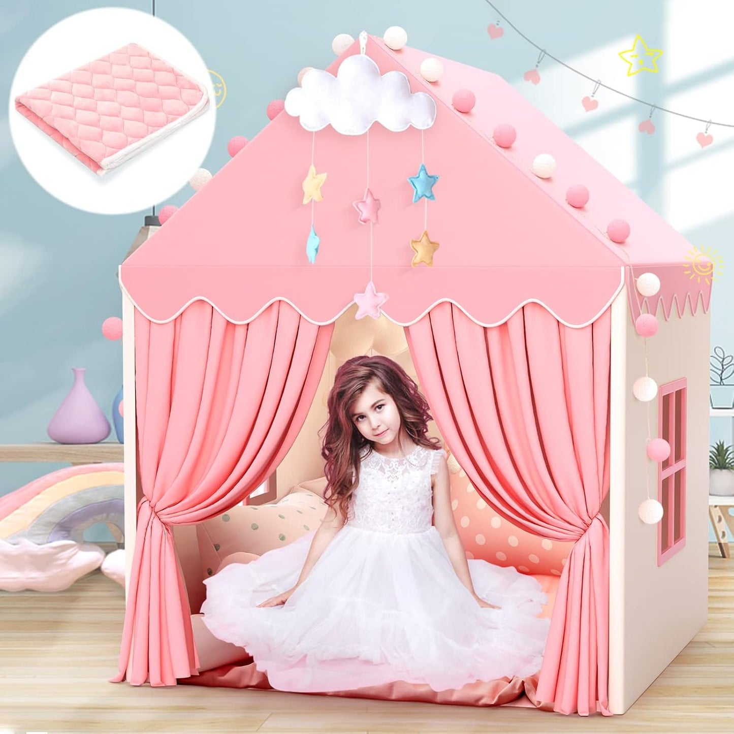 Kids Play Tent with Mat for Girls - Large Princess Castle