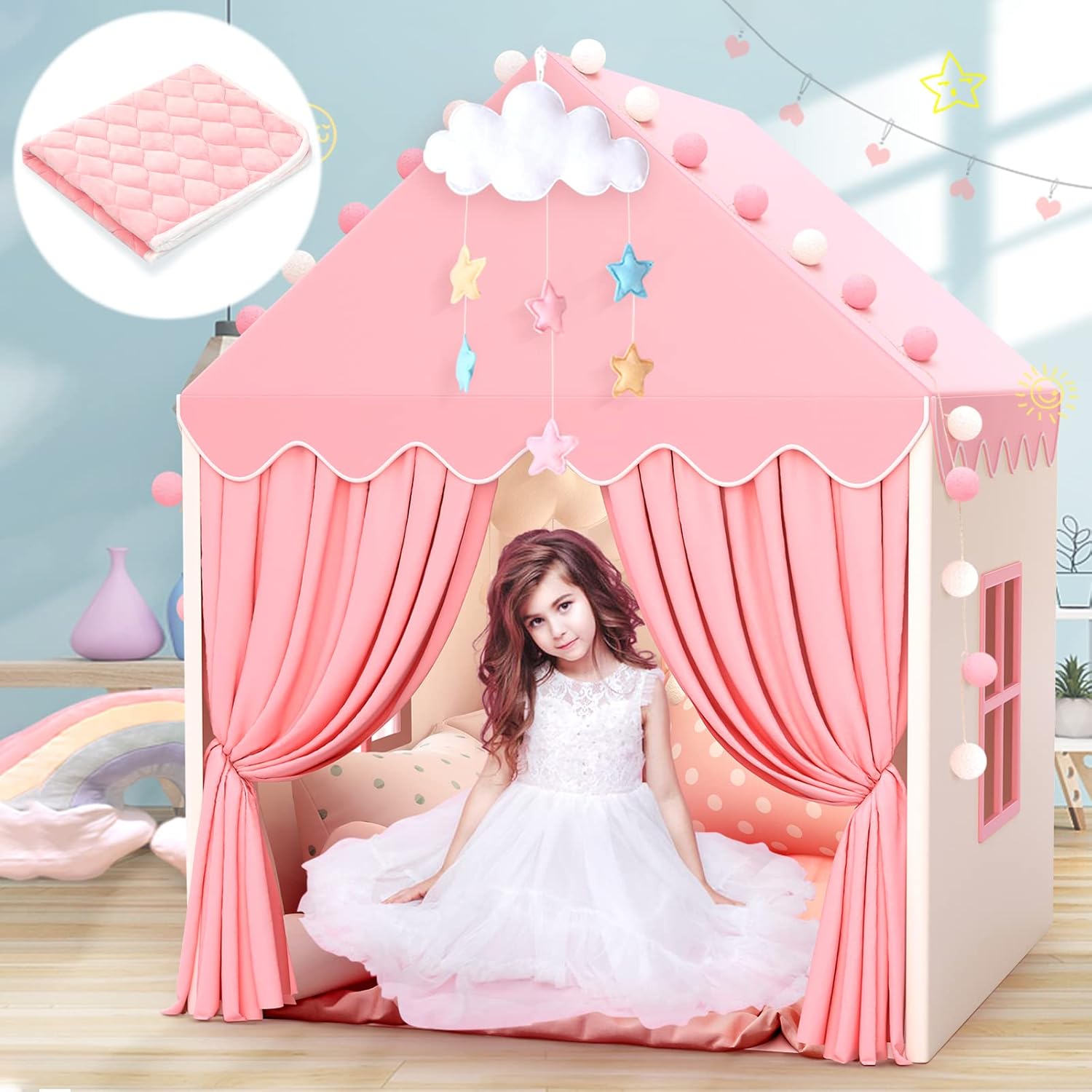 Kids Play Tent with Mat for Girls - Large Princess Castle