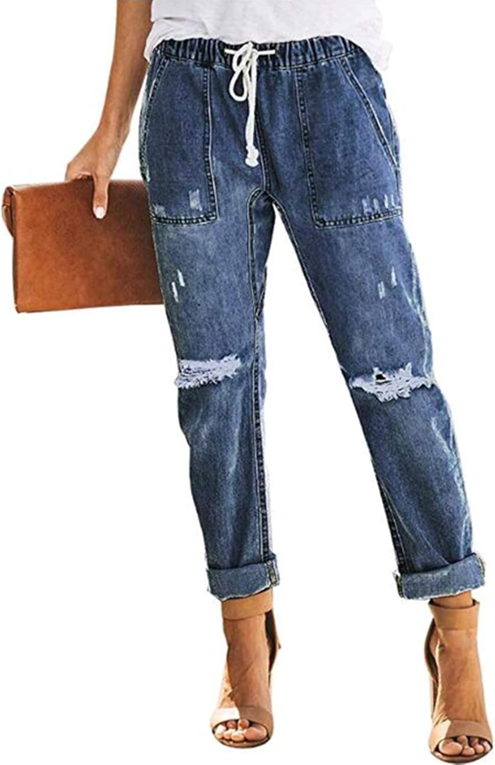 Womens Casual Pull-on Distressed Stretch Jeans for Comfort