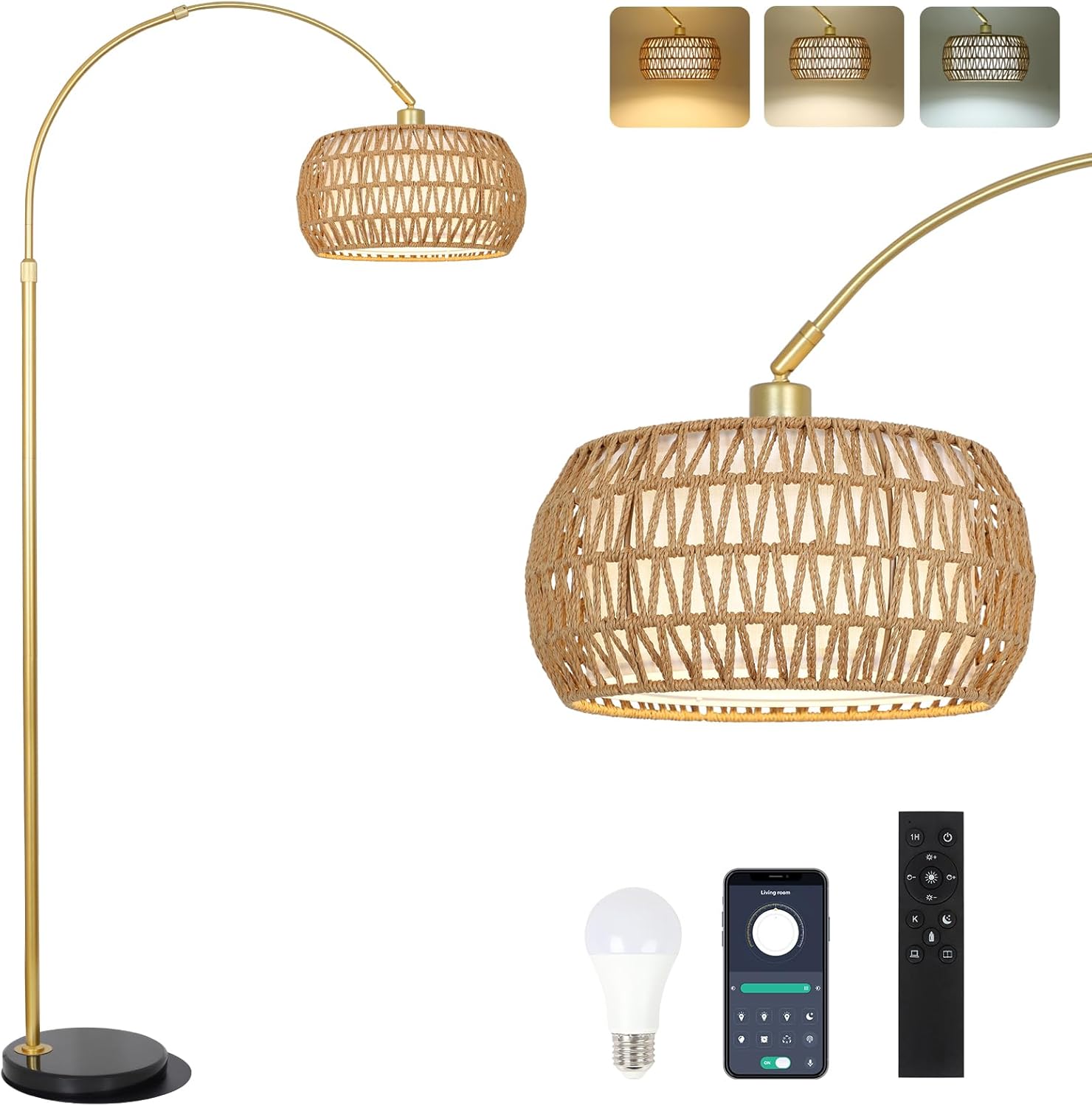 Gold Floor Lamps for Living Room with Remote & Dimmable Bulb