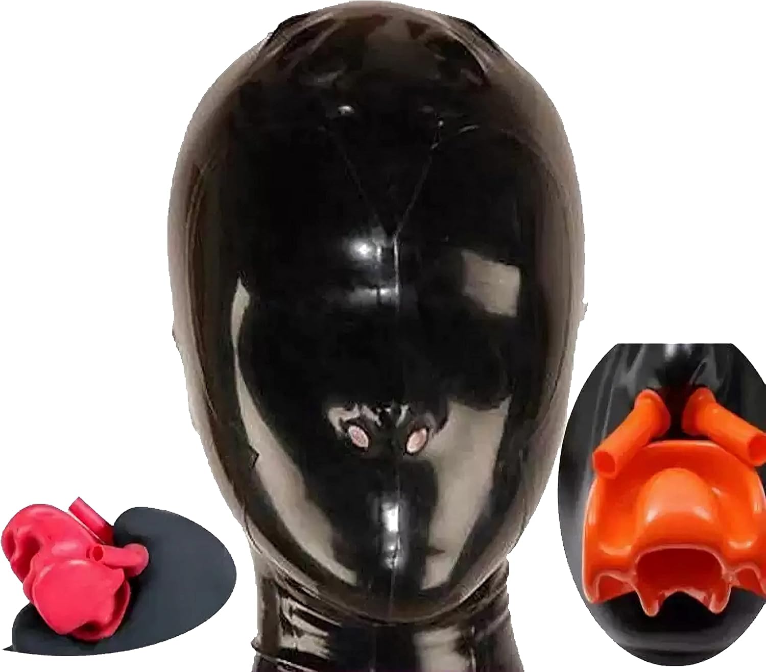 Black Latex Hood with Zipper and Red Mouth Gag for Cosplay