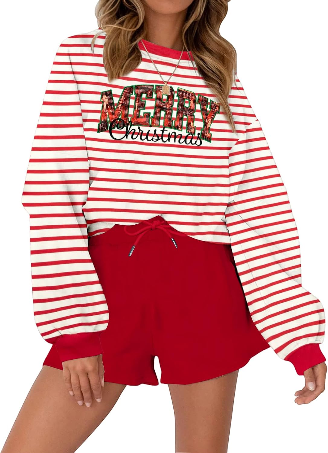 VILOVE Christmas Sweat Shorts Set for Women - Festive Holiday Style