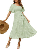 Amegoya Women's Square Neck Midi Dress with Flowy Long Sleeves