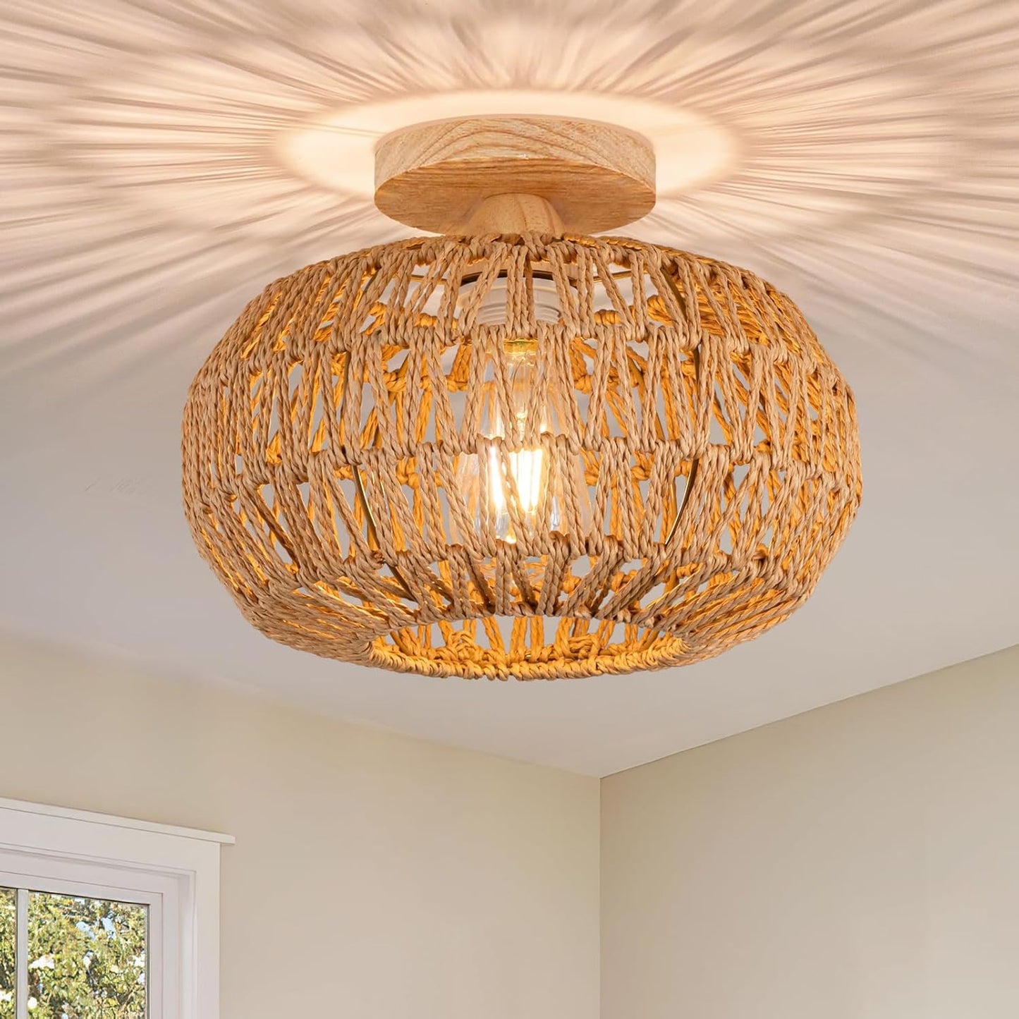 Boho Light Fixtures Ceiling Mount Rattan Chandelier for Home