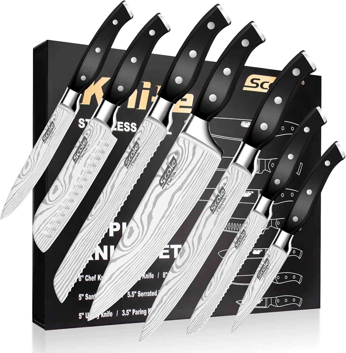SCOLE Chef Knife Set - Ultra Sharp 7-Piece Kitchen Knives