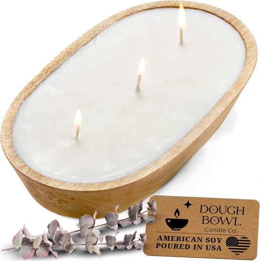 Eucalyptus Soy Candle in Wooden Bowl - Rustic Farmhouse Decor