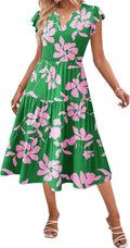 Womens Summer Casual Ruffle Sleeve V Neck Midi Dress (Style NHG3)
