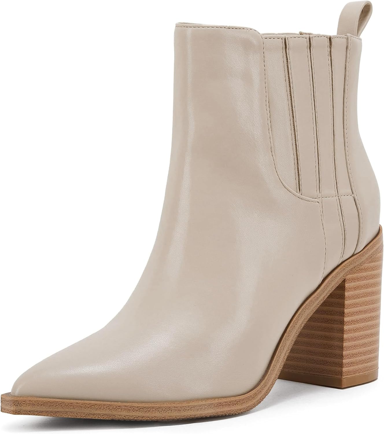Womens Ankle Boots Slip on Pointed Toe Chunky Block Mid Heel