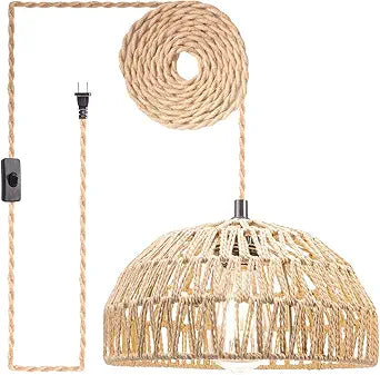 Hanging Lamp with Rattan Shade and 16ft Plug in Cord for Home