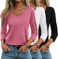 Women's 3 Pack V Neck 3/4 Sleeve T-Shirts - Loose Fit Casual Tees