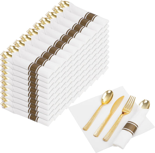 Nervure 400PCS Pre Rolled Gold Plastic Silverware Sets for Events