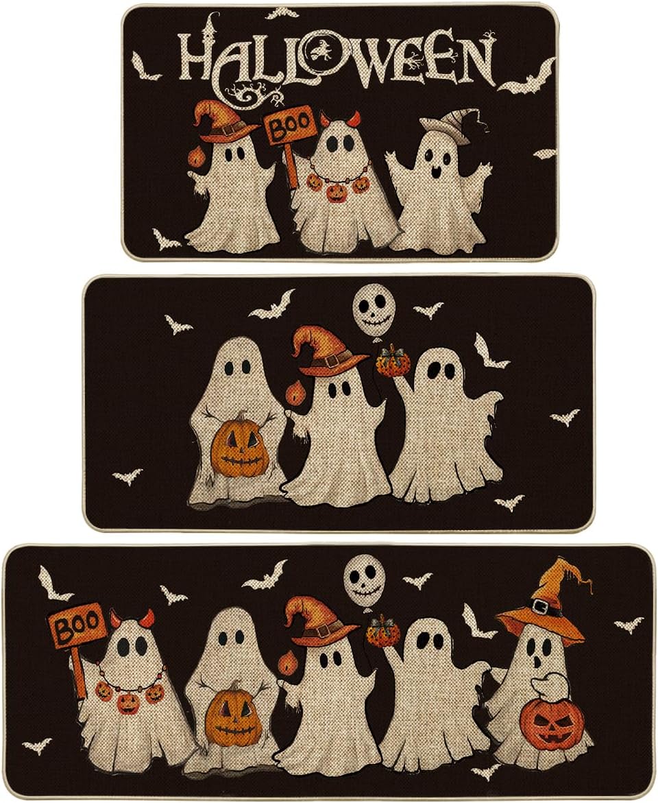 Ghost Pumpkin Bat Black Halloween Kitchen Mats Set of 3