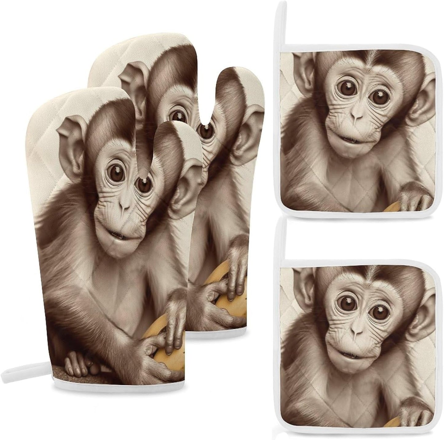 Cute Monkey Oven Mitts Set, Heat Resistant for Cooking