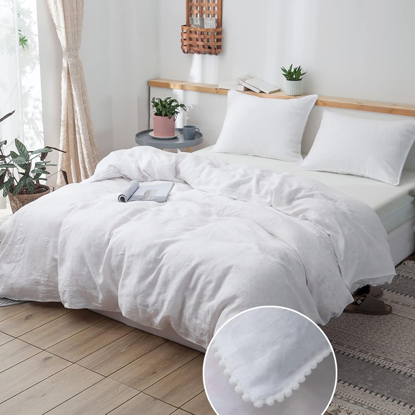100% Washed Linen Duvet Cover Set with Pom Pom Trim for Queen