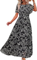 Women's Floral Chiffon Maxi Dress - Smocked Boho Summer Style