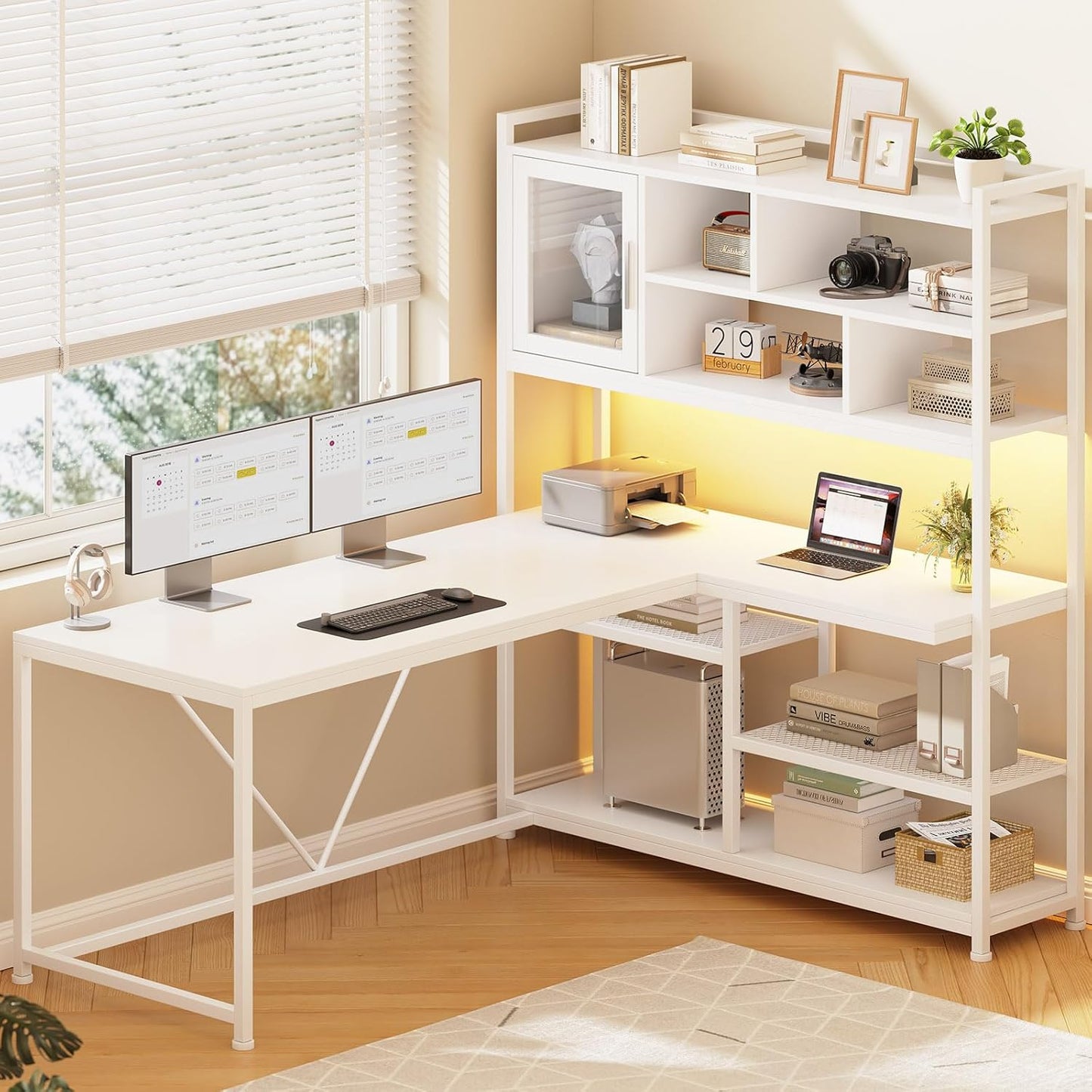 58'' L-Shaped Computer Desk with LED Light & Bookshelf